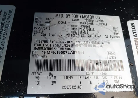 2007 Ford Expedition El Limited from USA, damaged, VIN 1FMFK19507LA87511